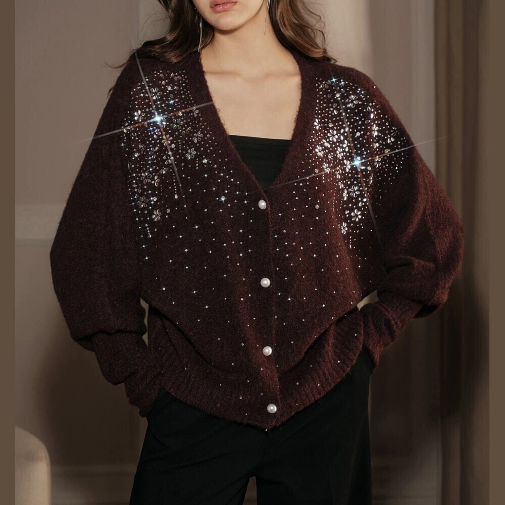Burgundy Knit Rhinestone Floral Pearl Button Oversized Cardigan
